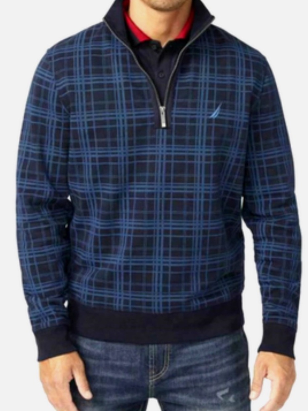 Nautica Men’s Navy and Royal Blue Zip-Up Plaid Sweater